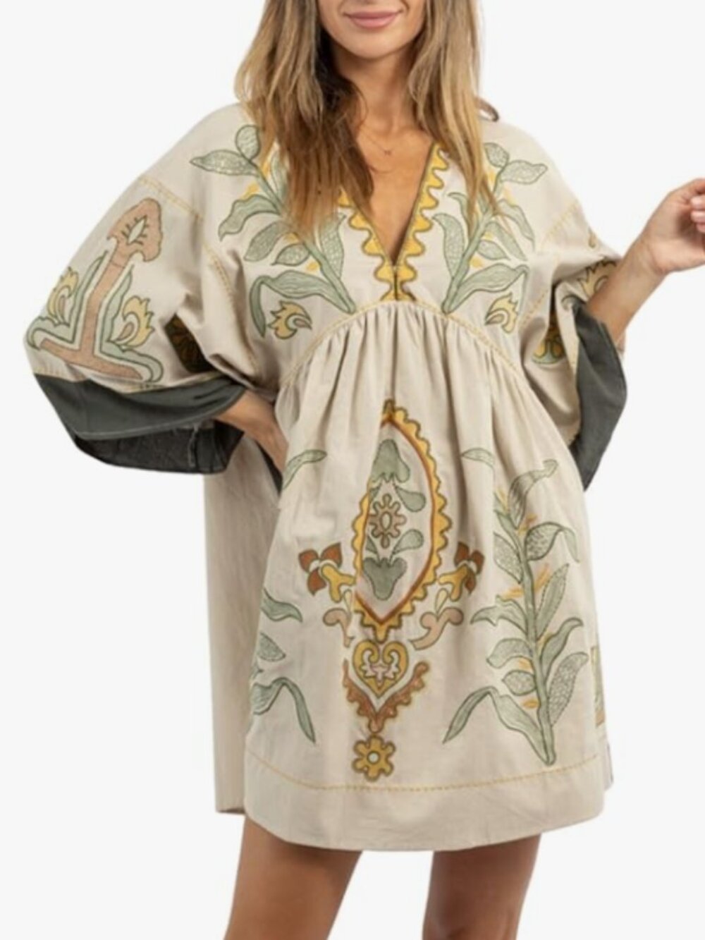 Women's Oversized with V-Neck and 3/4 Sleeves Vintage Embroidery Babydoll Dress